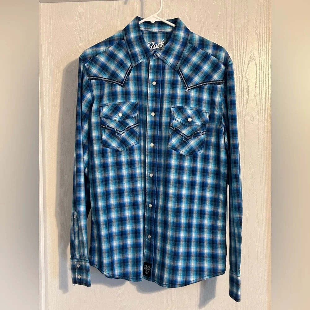 Wrangler Rock 47 | Blue Plaid Men's Shirt | Size Medium - Picture 1 of 6